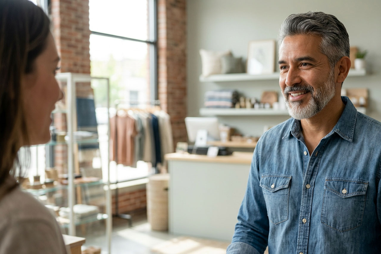 Mature Latino business man engaging with a female customer.